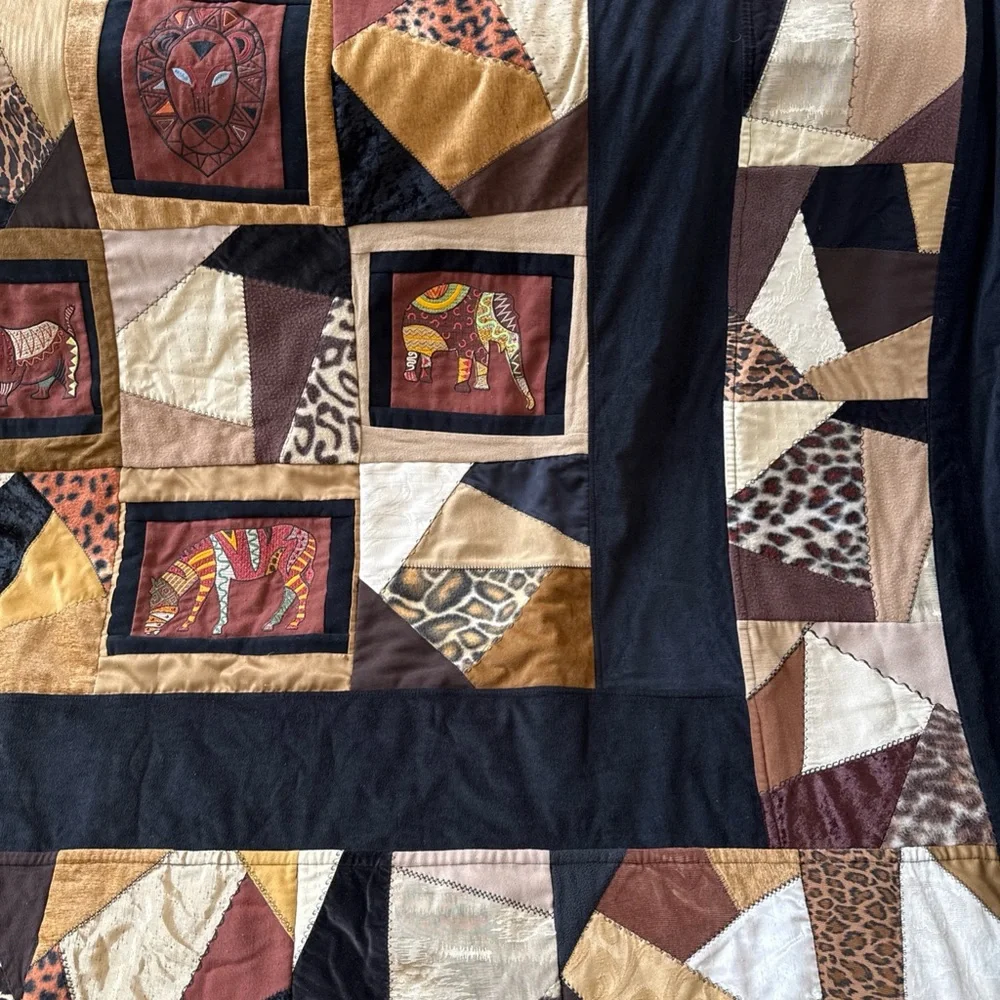 extra Large vintage, handmade Patchwork Animal safari Print Quilt brown and blk